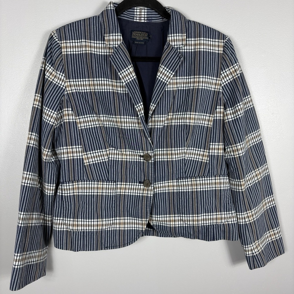 Pendleton Women's 12 Petite Blue Plaid Two Button Lined Shoulder Pads Blazer